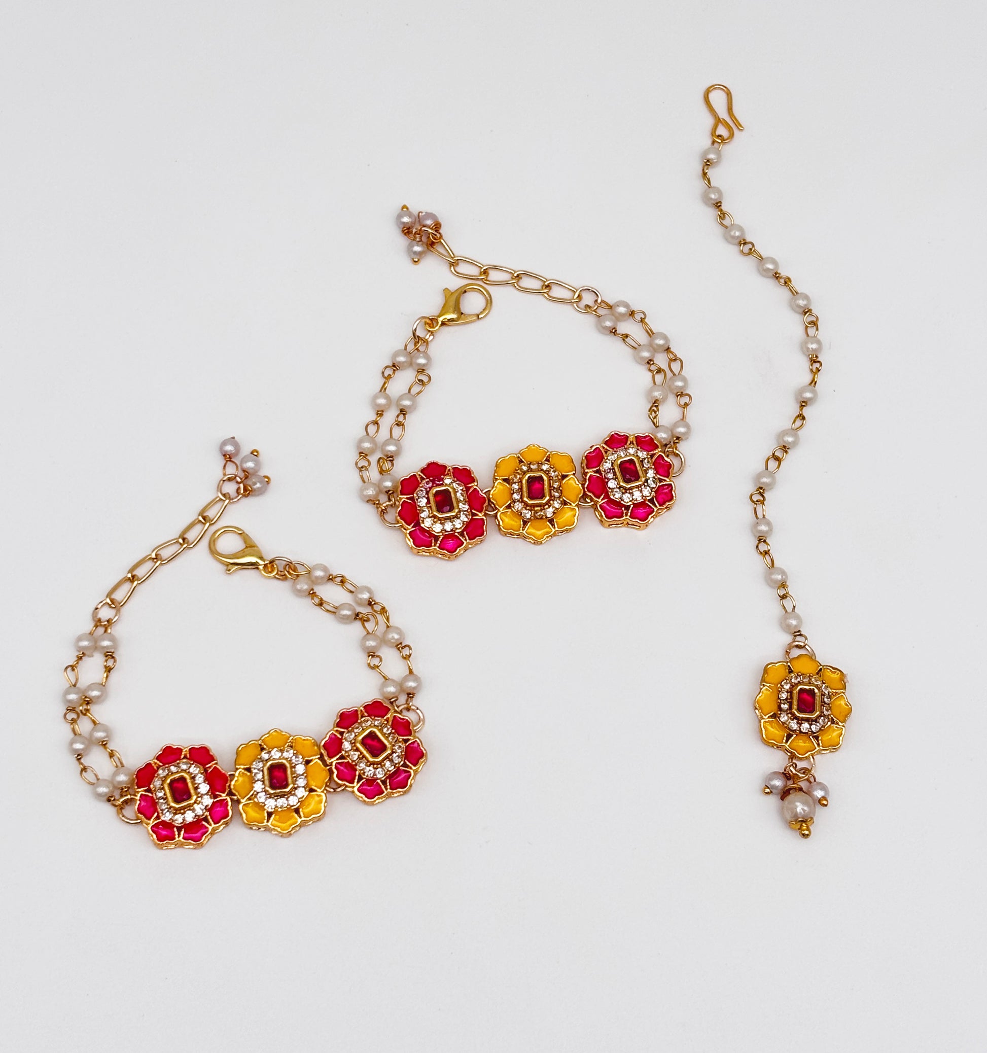Meenakari & Kundan Bracelets & Maang Teeka - Yellow & Dark Pink