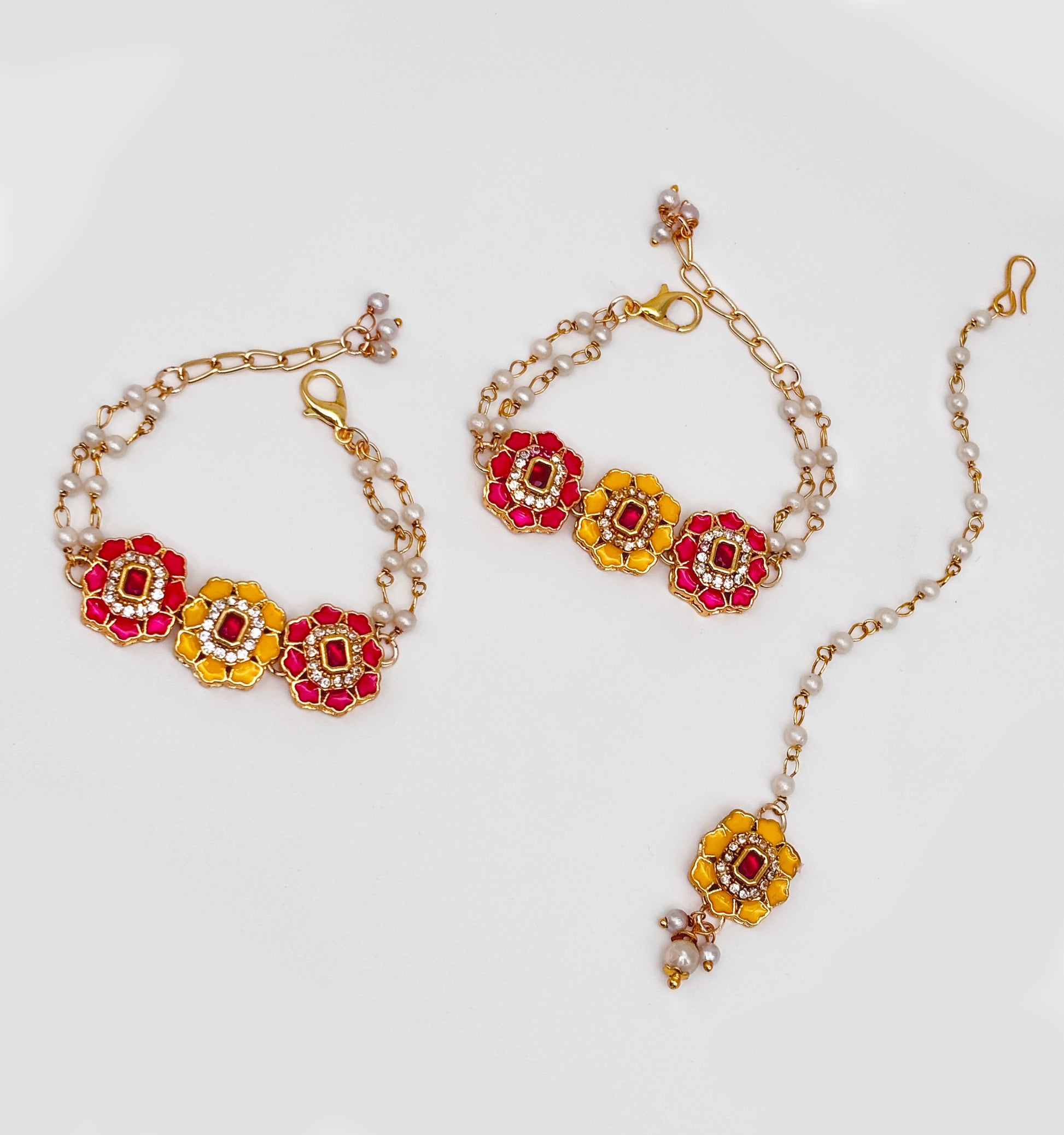 Meenakari & Kundan Bracelets & Maang Teeka - Yellow & Dark Pink