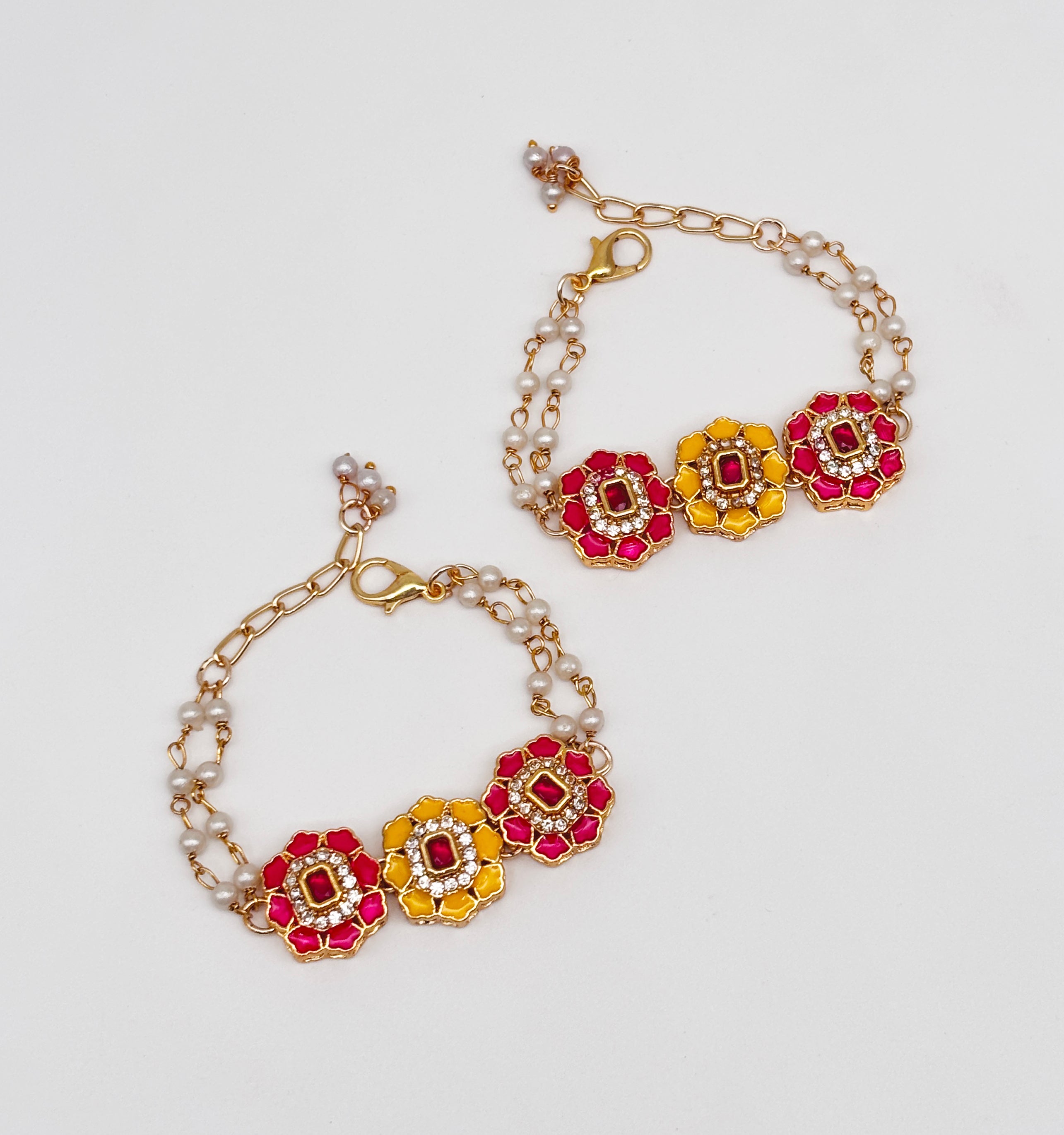 Image of Meenakari & Kundan Bracelets & Maang Teeka - Yellow & Dark Pink