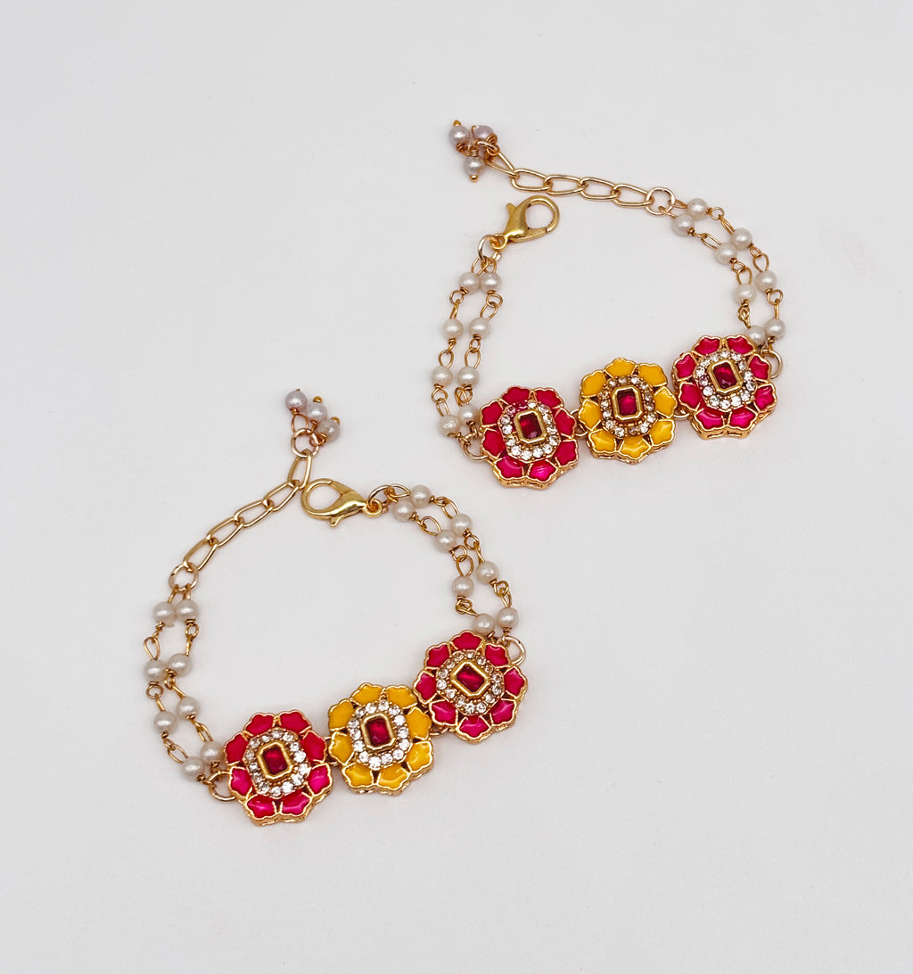 Meenakari & Kundan Bracelets & Maang Teeka - Yellow & Dark Pink