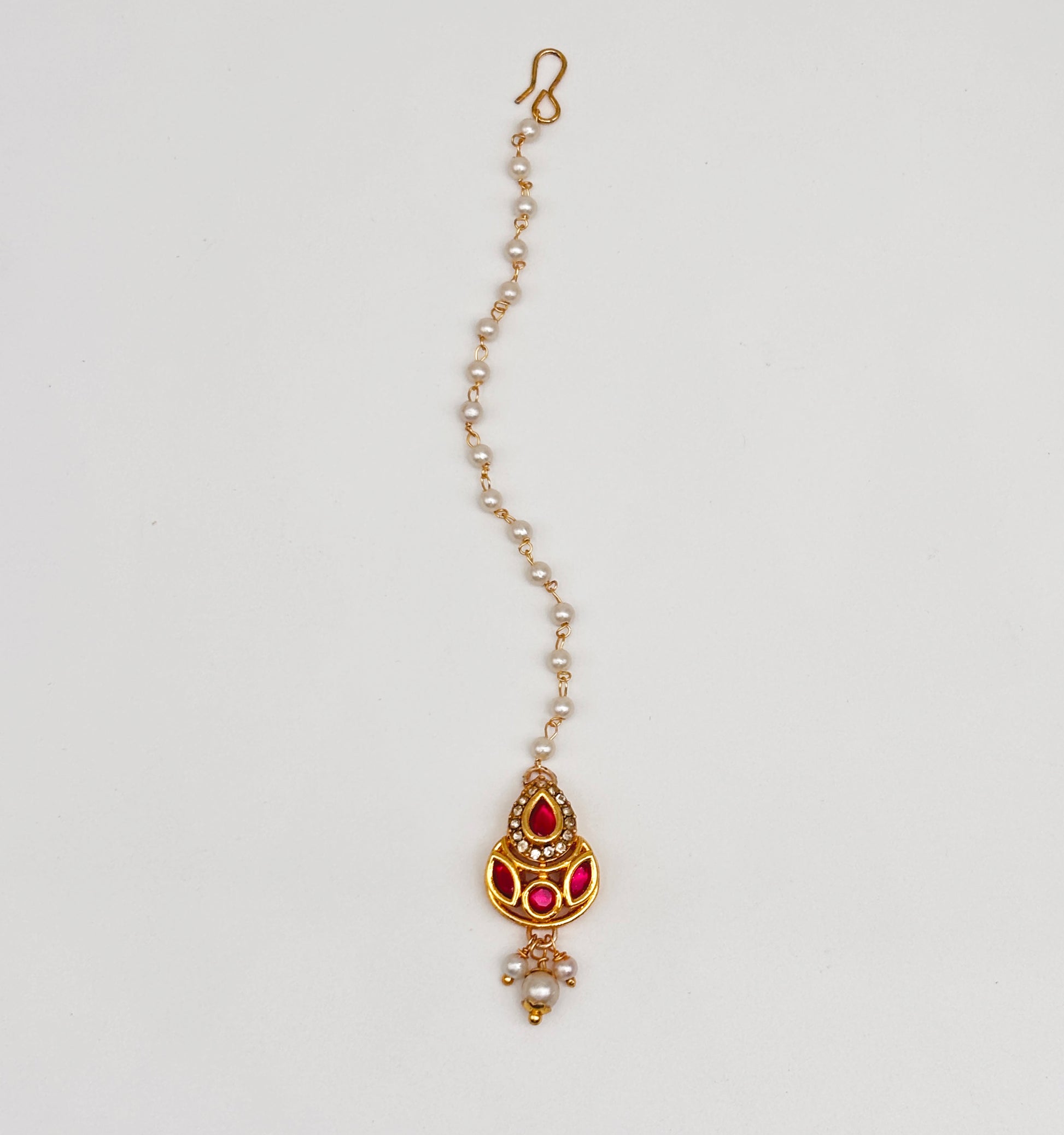 Kundan & Crystals Drop Maang Teeka- Dark Pink