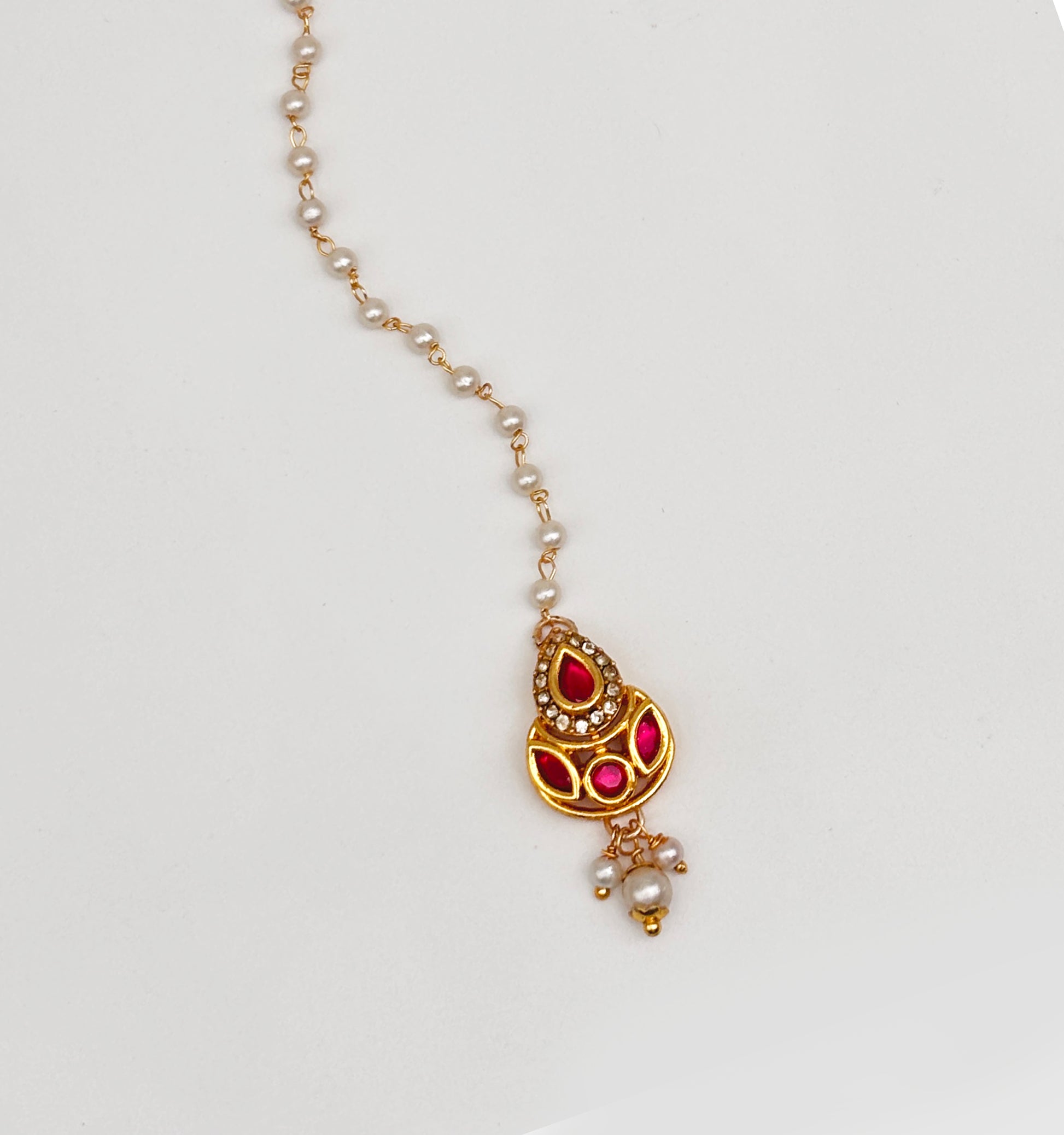 Kundan & Crystals Drop Maang Teeka- Dark Pink