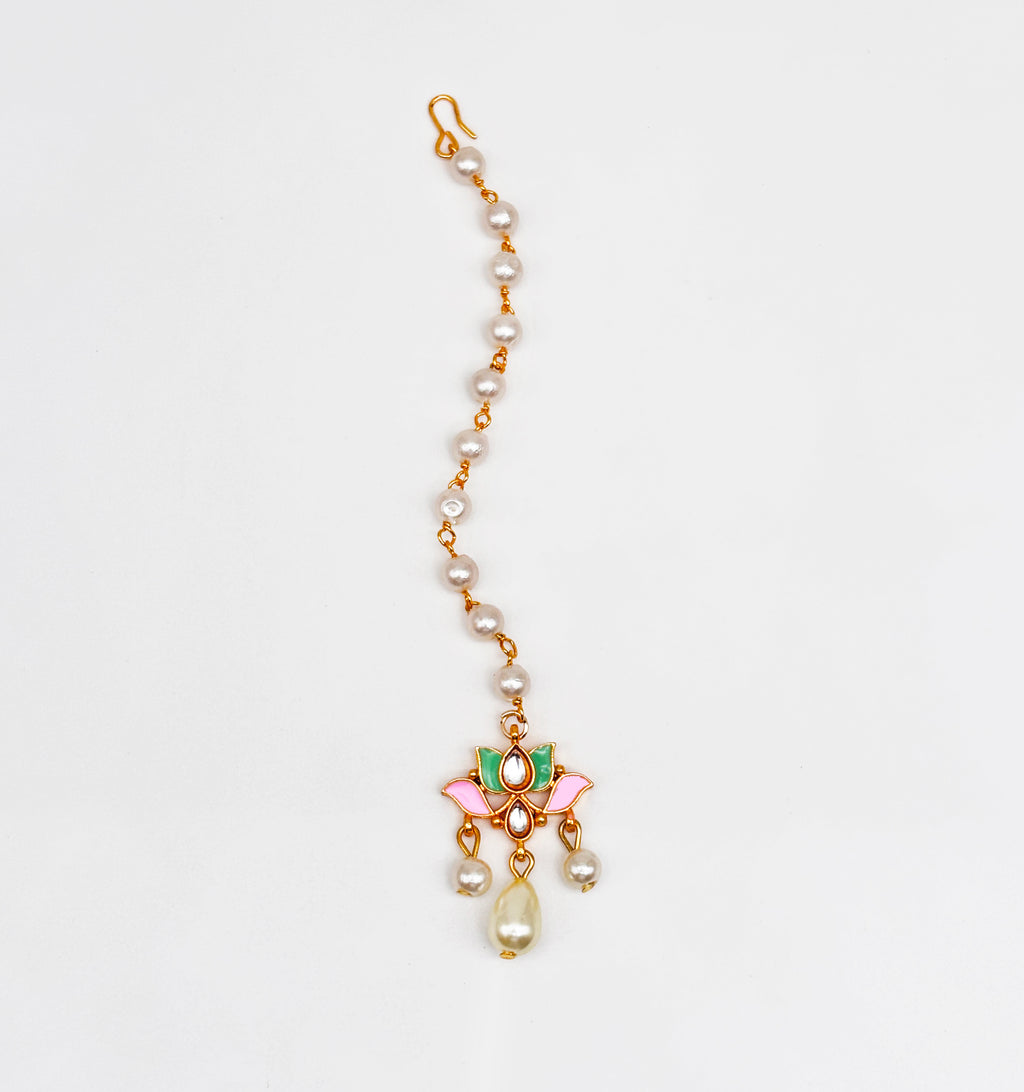 Lotus Meenakari & Pearl Drop Maang Teeka- Light Pink, Green