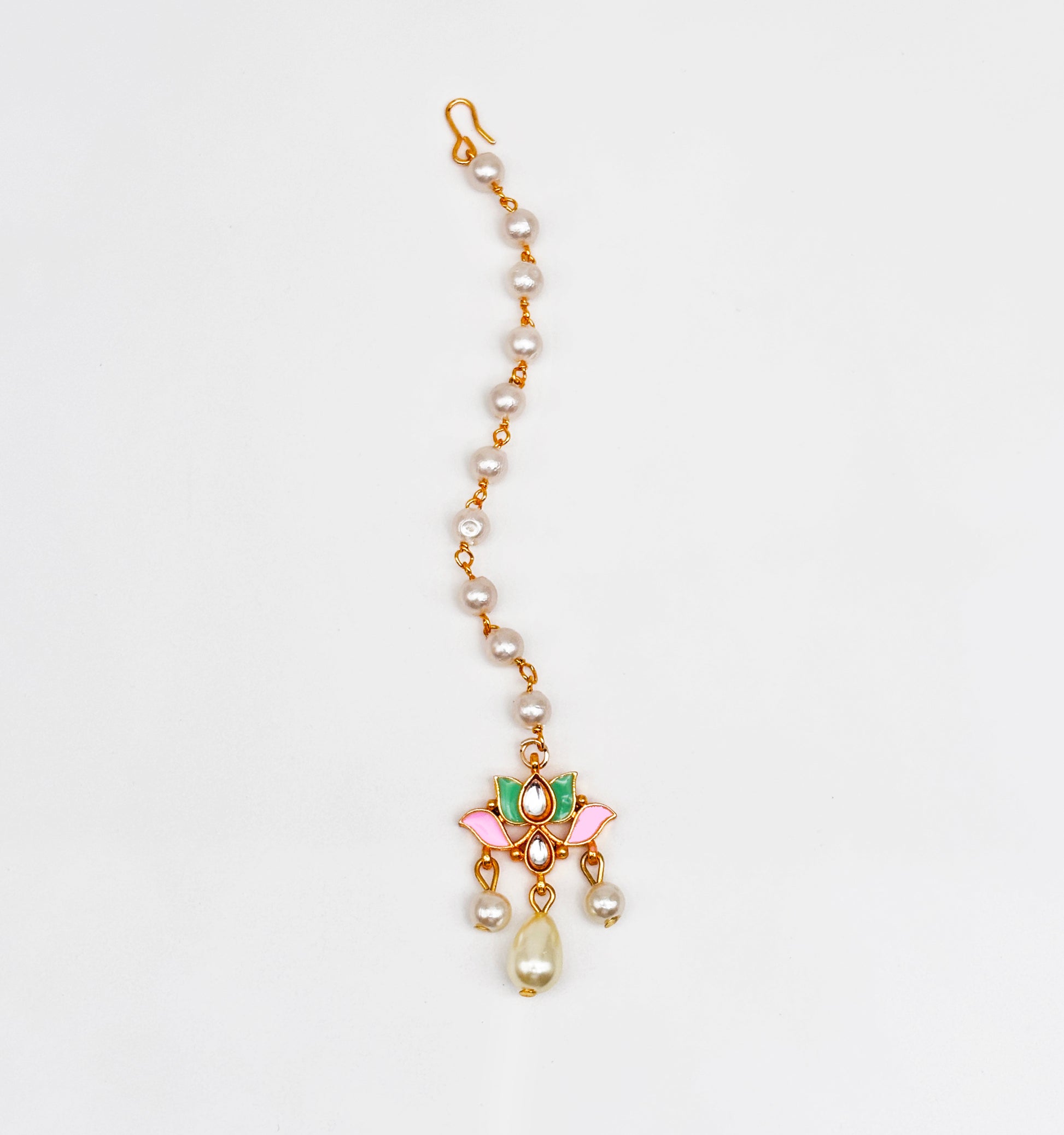 Lotus Meenakari & Pearl Drop Maang Teeka- Light Pink, Green
