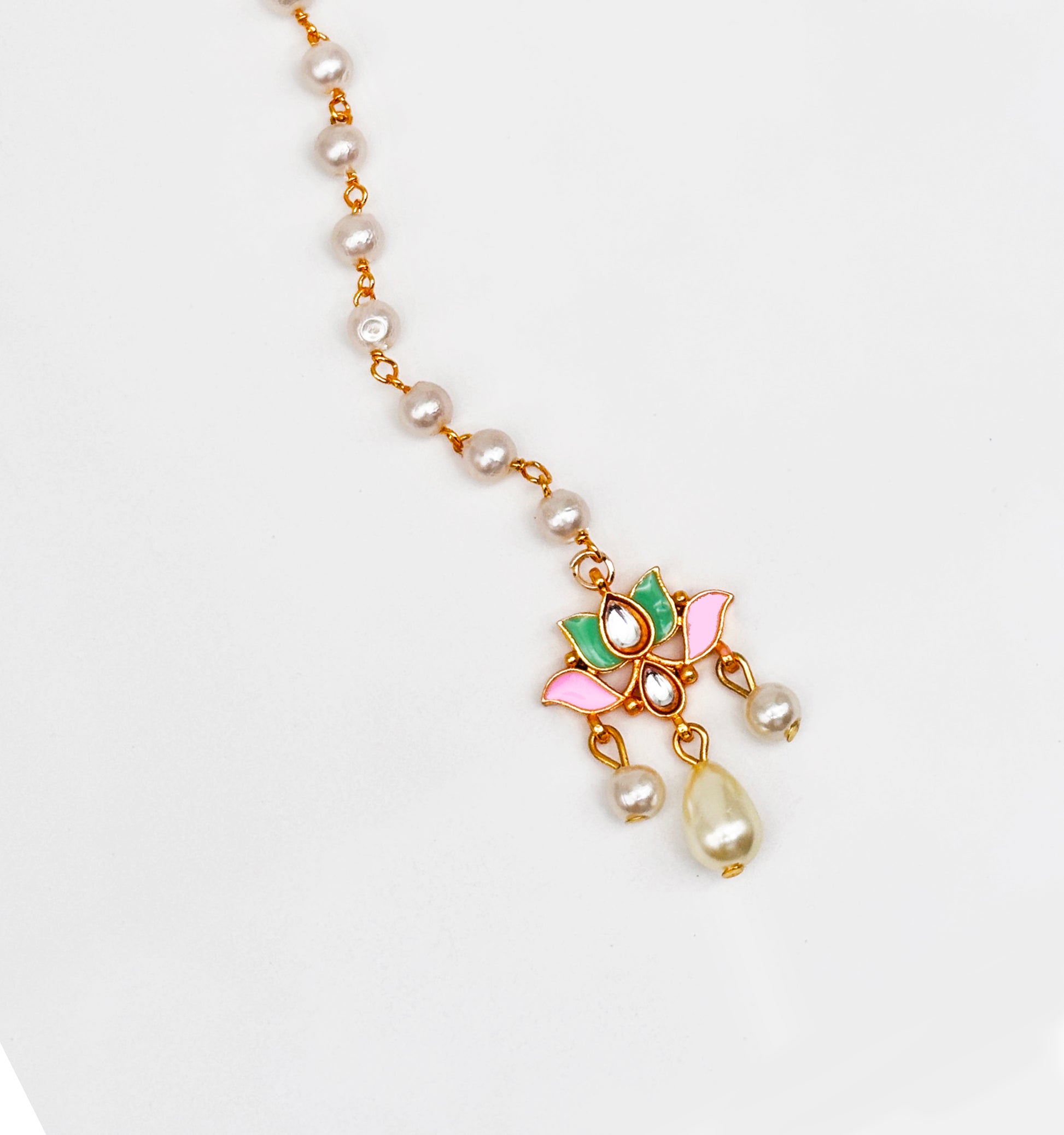 Lotus Meenakari & Pearl Drop Maang Teeka- Light Pink, Green