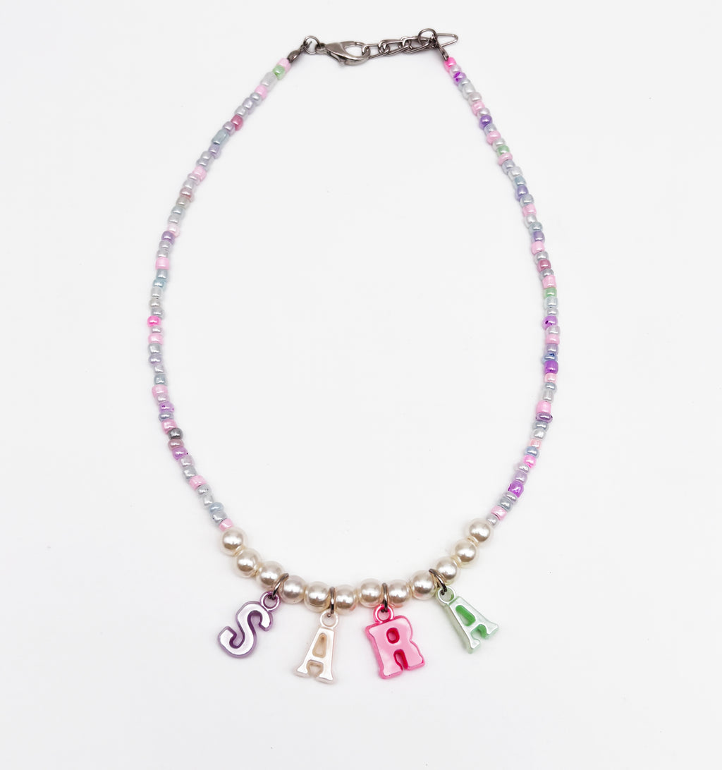 Seed Beaded Personalised Name Charms Pastel Necklace- Multicoloured