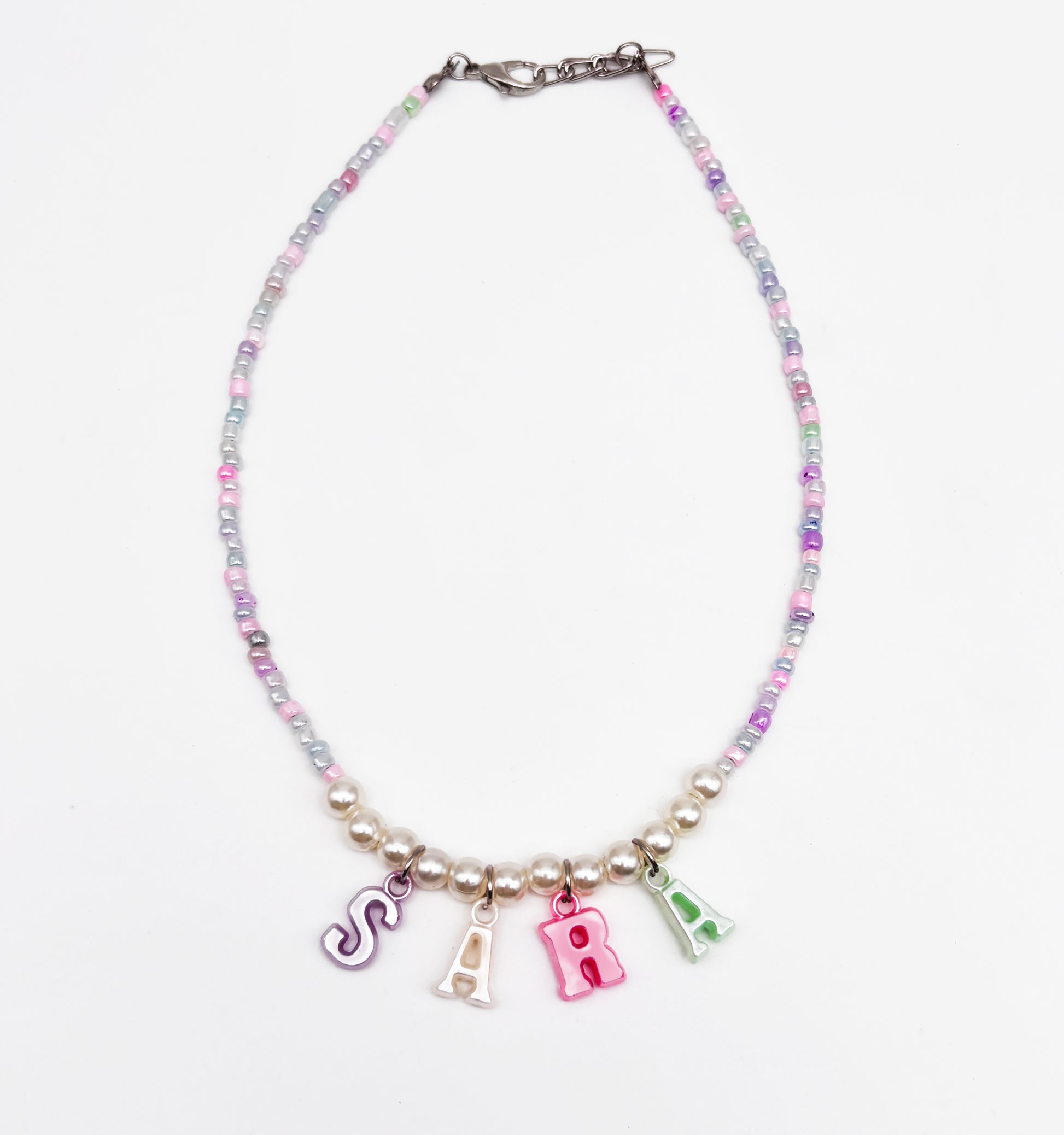 Seed Beaded Personalised Name Charms Pastel Necklace- Multicoloured