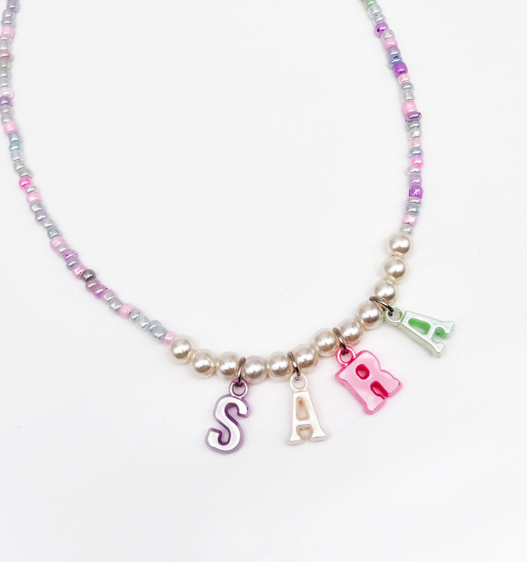 Seed Beaded Personalised Name Charms Pastel Necklace- Multicoloured
