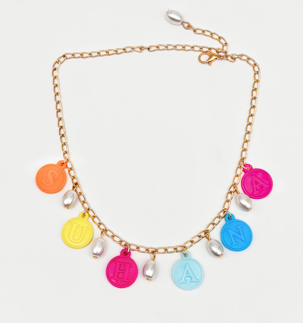 Pearl & Name Charms Detailed Necklace - Multicoloured