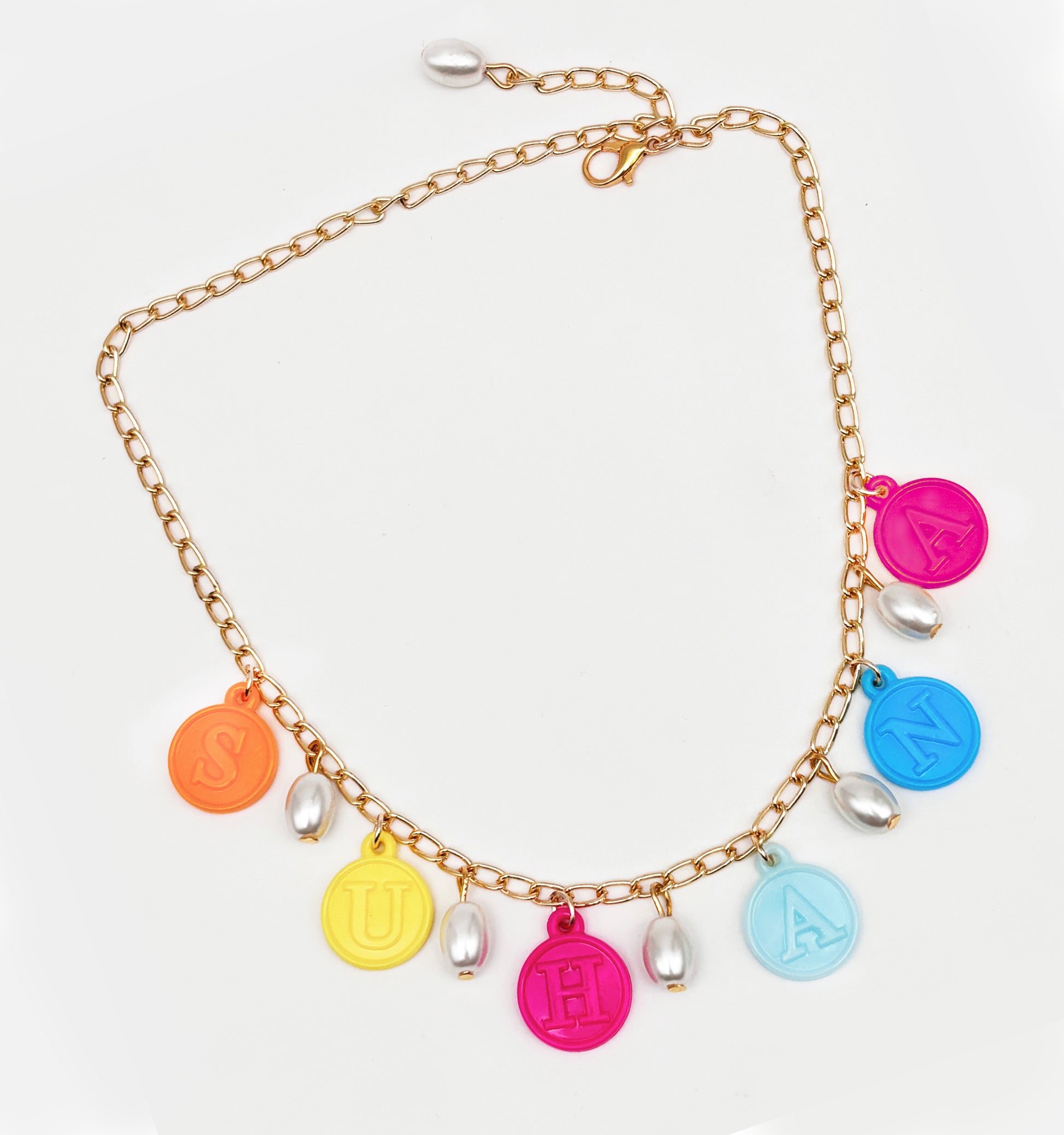 Pearl & Name Charms Detailed Necklace - Multicoloured