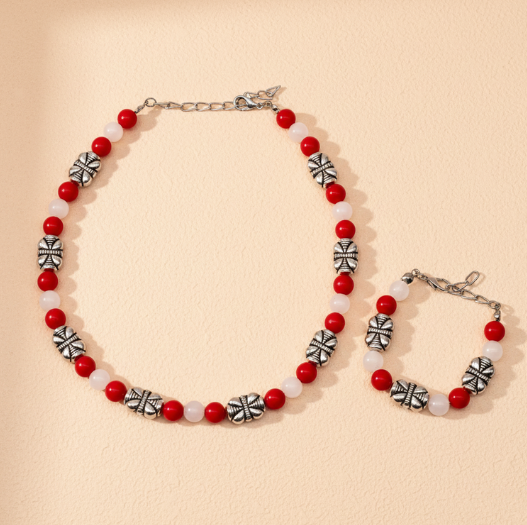 Beaded Necklace & Bracelet Set - Red & White