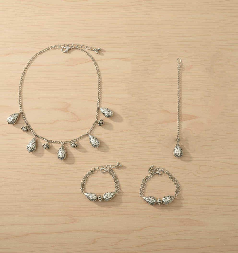 Roohi Beaded Necklace, 2 Bracelet & Maang Teeka Set - Oxidised Silver